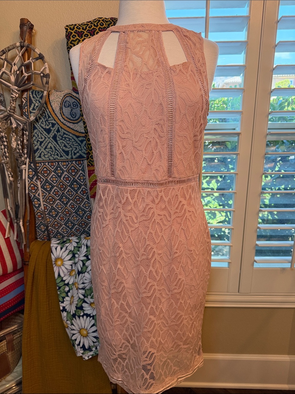 bebe Blush Pink Lace Cutout Mini Dress